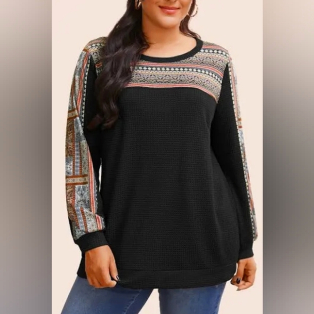 BloomChic Black Waffle Knit Tunic with Multicolor Patterned Yoke & Sleeves